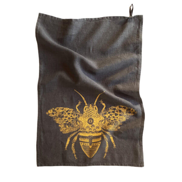 GeorgelettersPic Linen Teatowel Smoke Gold Bee