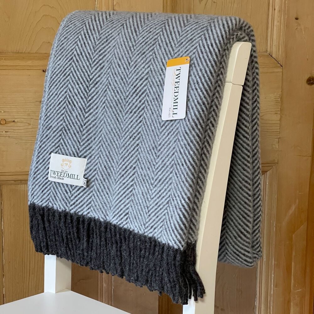Powder Blue & Charcoal Herringbone Pure Wool Throw