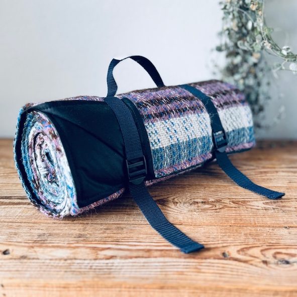 'Magnolia Navy' Recycled Pure Wool Picnic Blanket (Cotton Wax Backing)