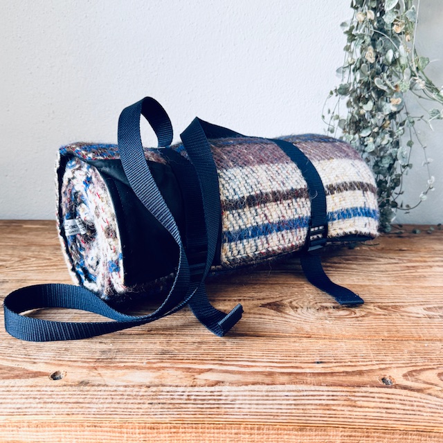 'Willow Navy' Recycled Pure Wool Picnic Blanket (Cotton Wax Backing)